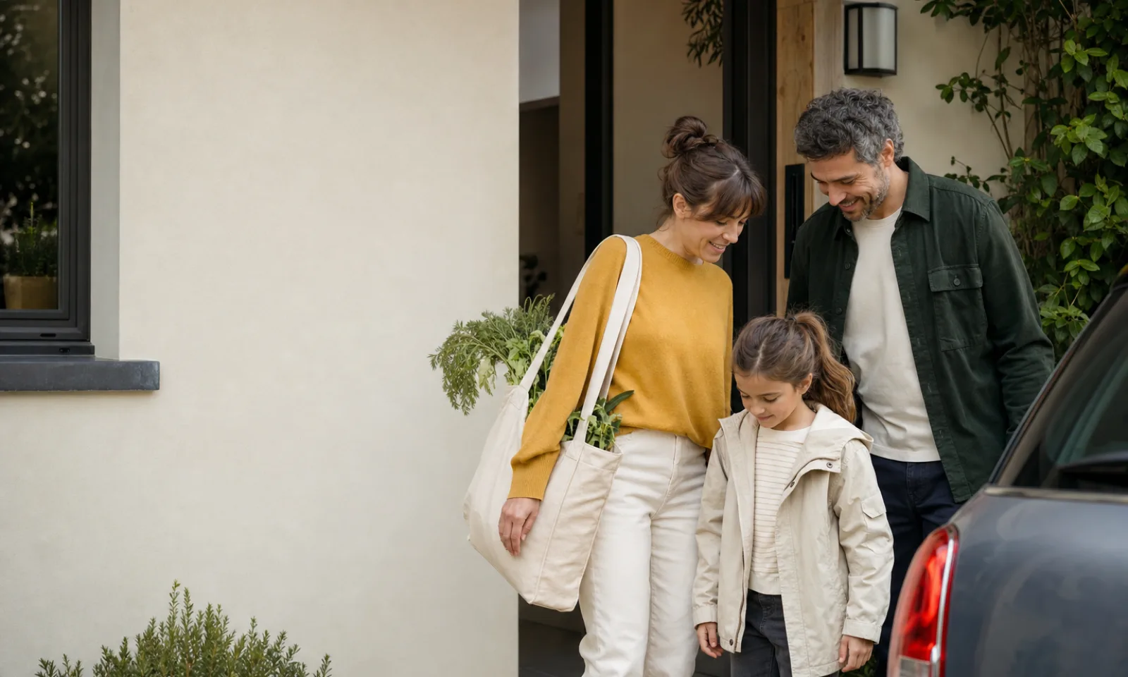 Une famille rentre sereinement chez elle après ses courses