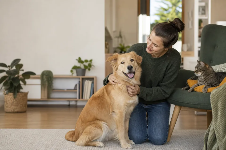 Une femme à la maison avec son chien et son chat