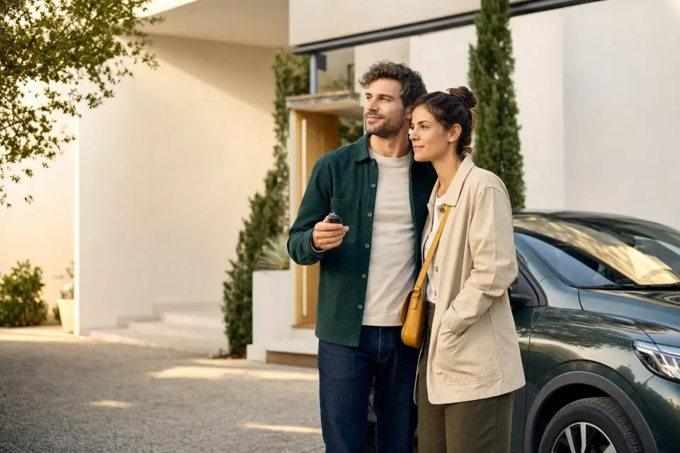 Un couple devant sa voiture, prêt à prendre la route