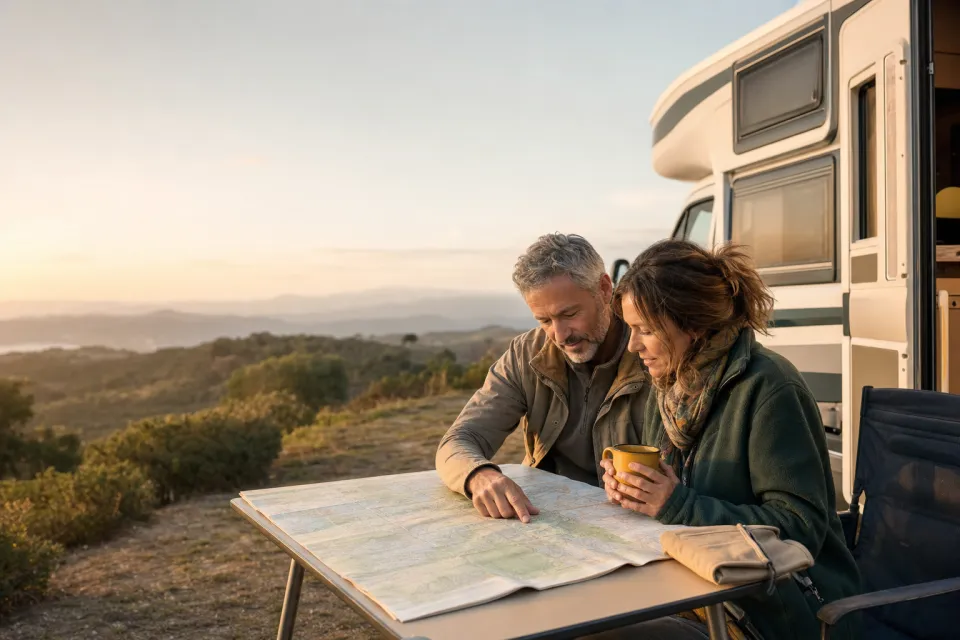 Un couple prépare son itinéraire près de son camping-car