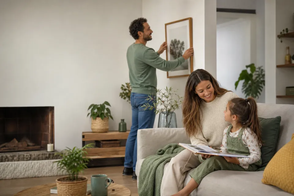 Une famille profite de son salon lumineux