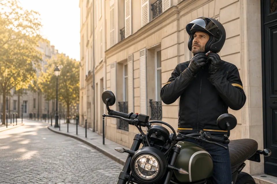 Un motard attache son casque près de sa moto