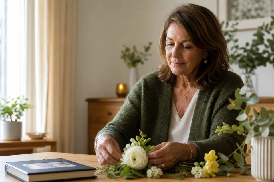 Une femme compose un bouquet près d’un album de famille