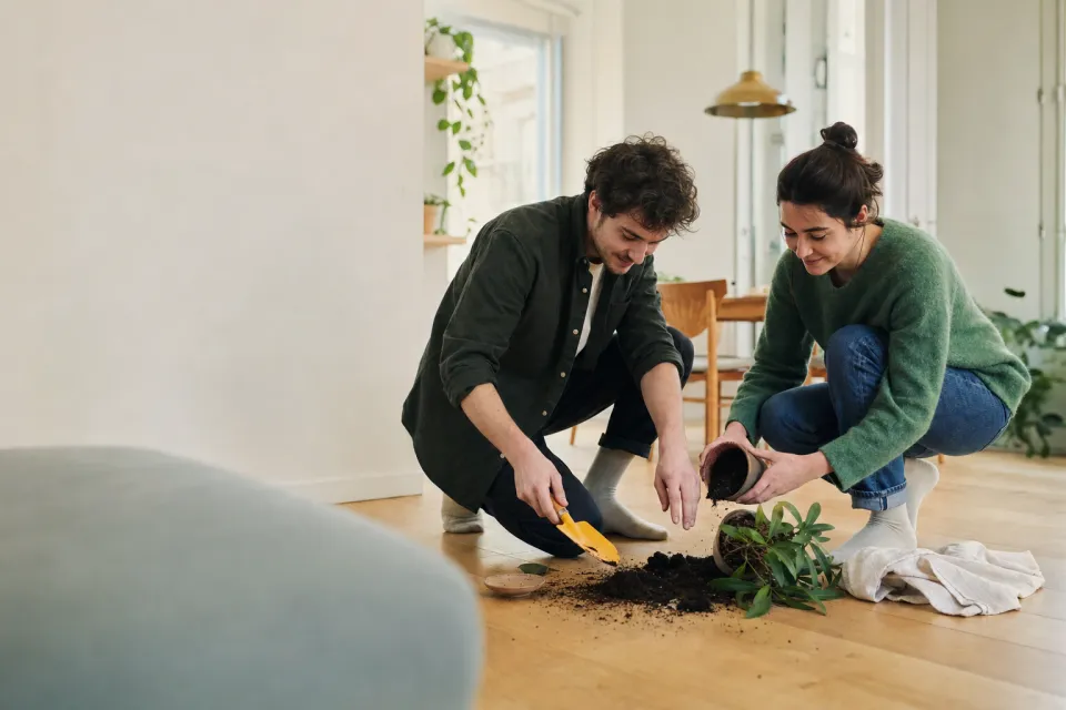 Deux colocataires réparent ensemble un pot de plante renversé