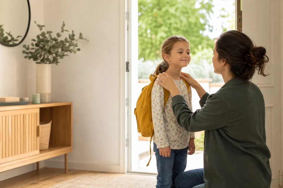 Une mère aide sa fille à mettre son cartable