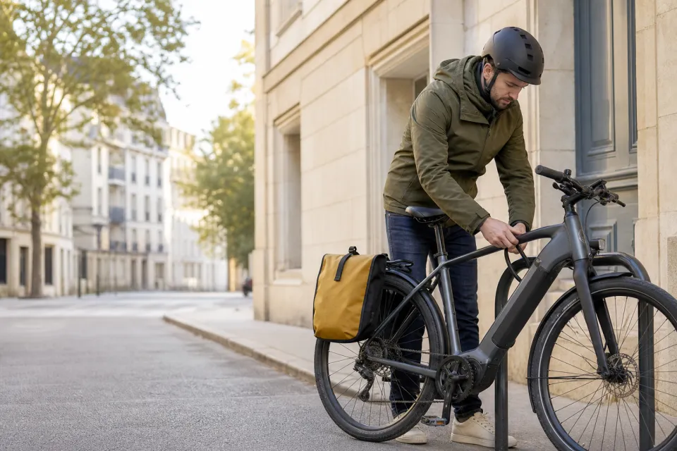Un cycliste sécurise son vélo électrique en ville
