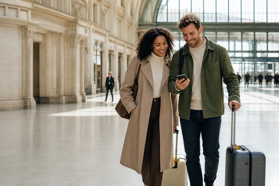 Un couple avec ses bagages dans une gare lumineuse