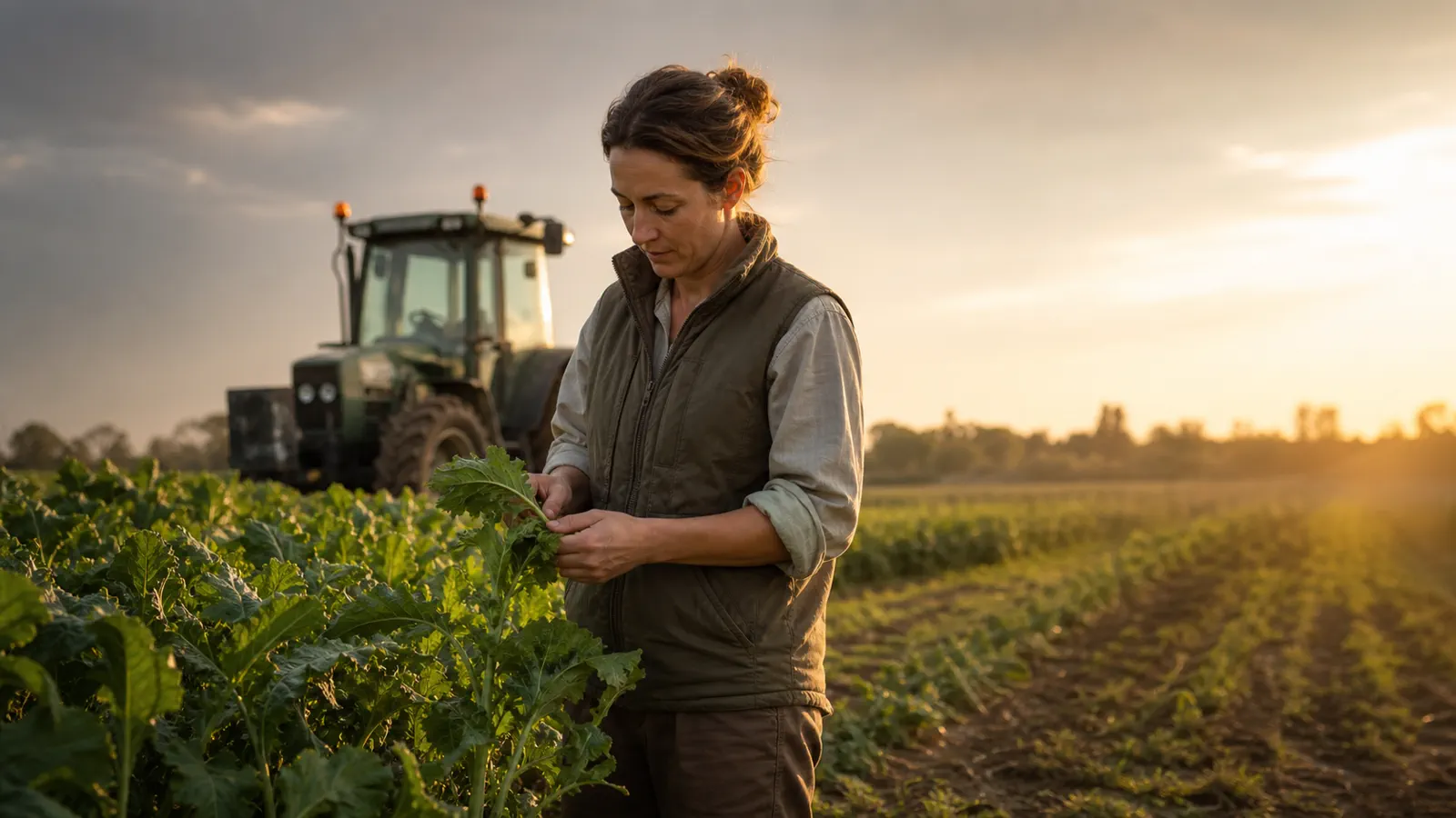 Agricultrice observant ses cultures près d’un tracteur