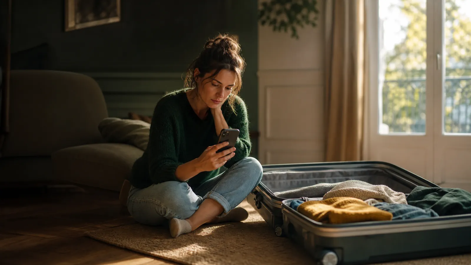 Voyageuse consultant une réservation modifiée sur son téléphone