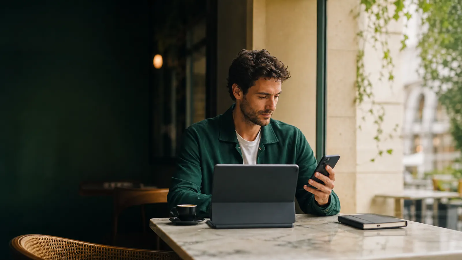 Créative travaillant avec ordinateur, tablette et téléphone