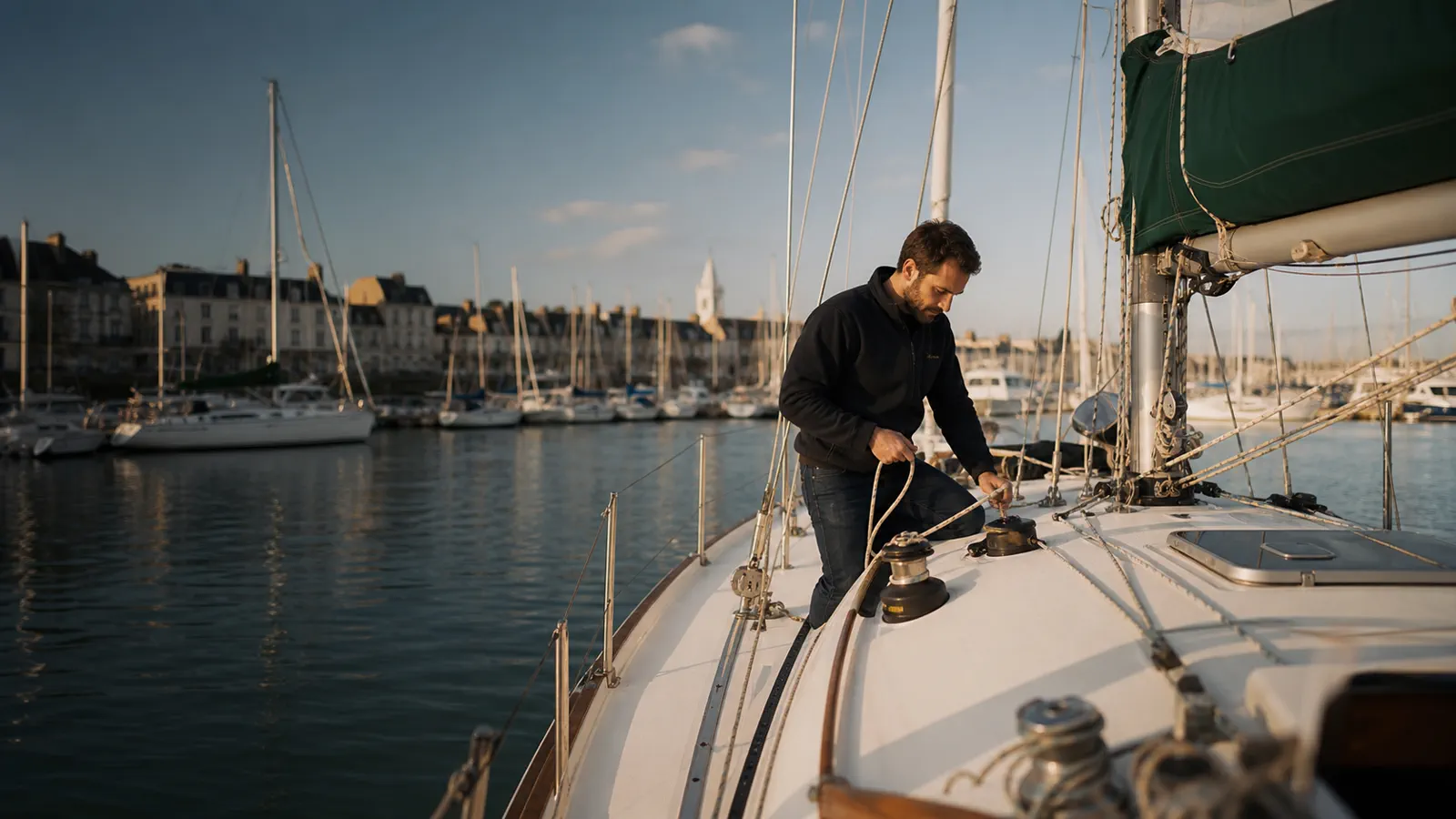 Plaisancier préparant un voilier dans une marina