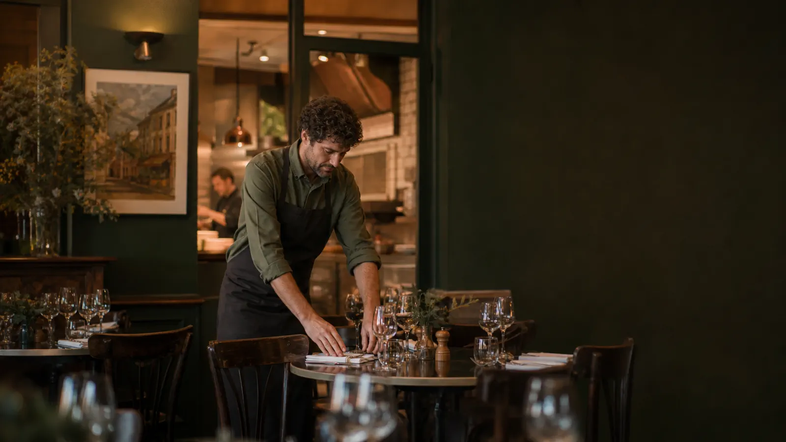 Restaurateur préparant sa salle avant le service