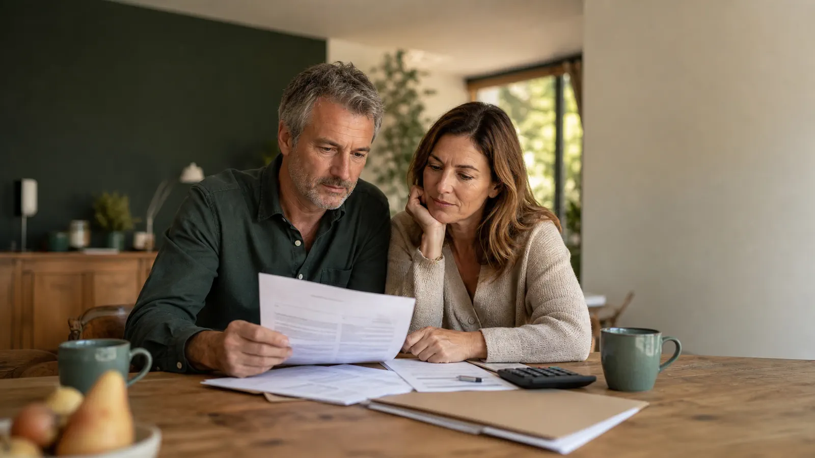 Couple discutant sereinement de documents familiaux