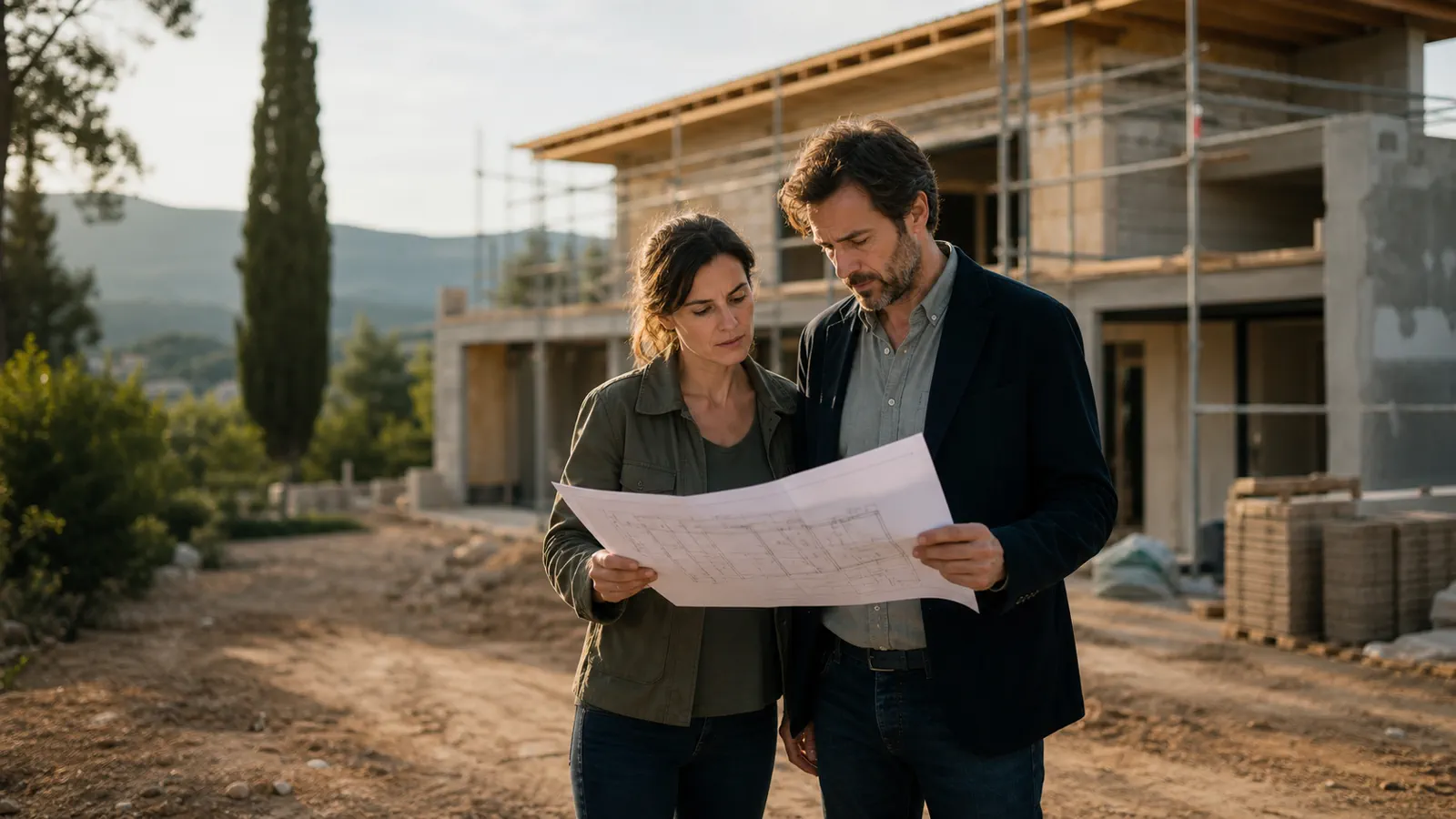 Architecte et propriétaire examinant les plans d’un chantier