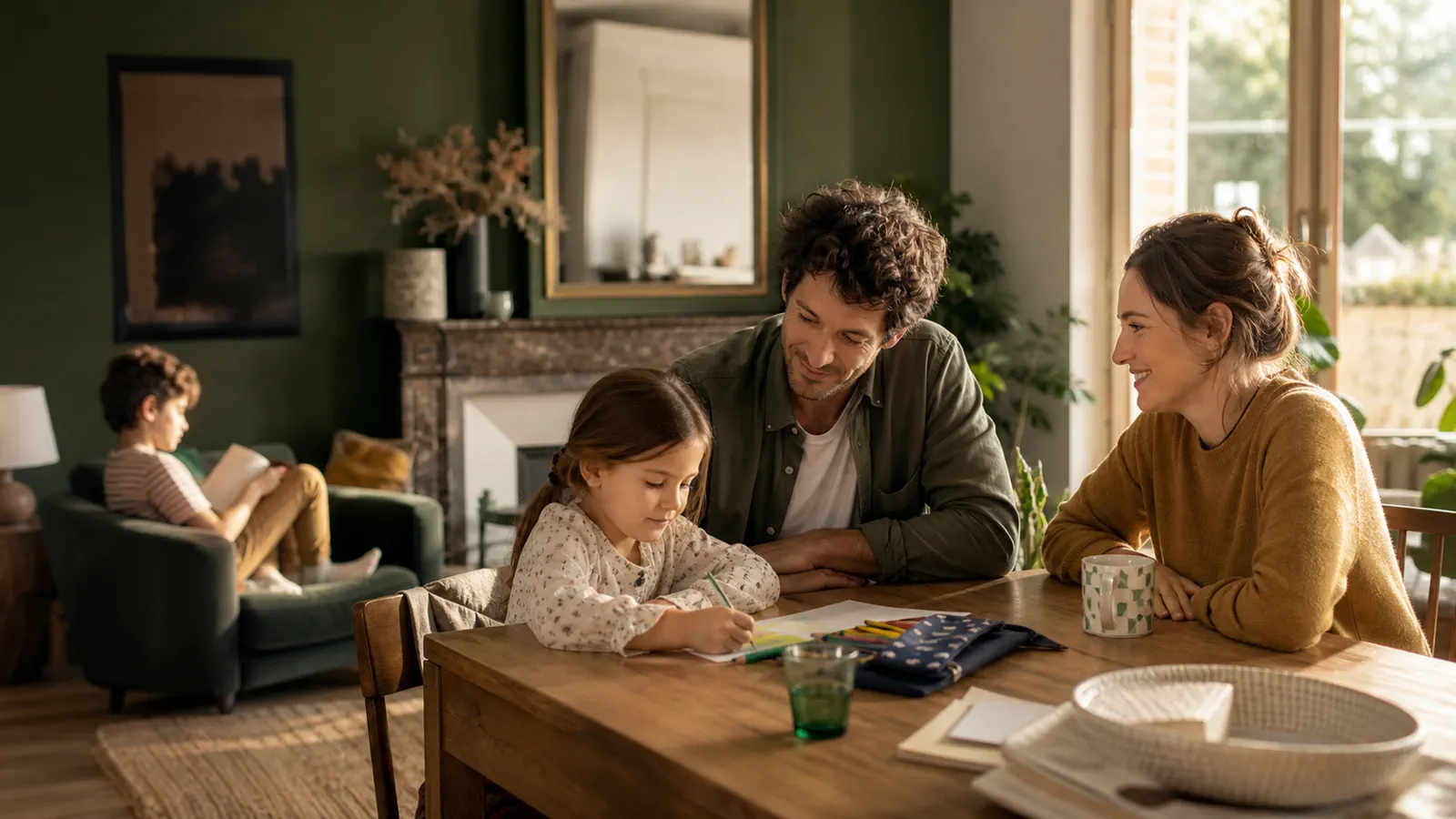 Famille dans le salon lumineux de son logement