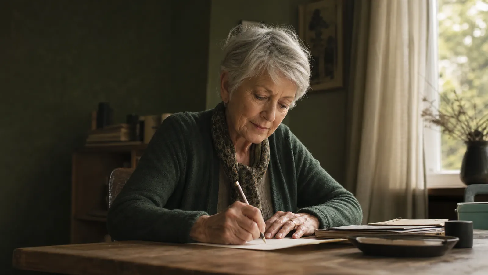 Main écrivant une lettre personnelle dans une lumière douce