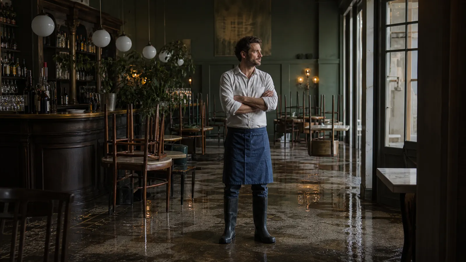 Restauratrice devant son établissement temporairement fermé