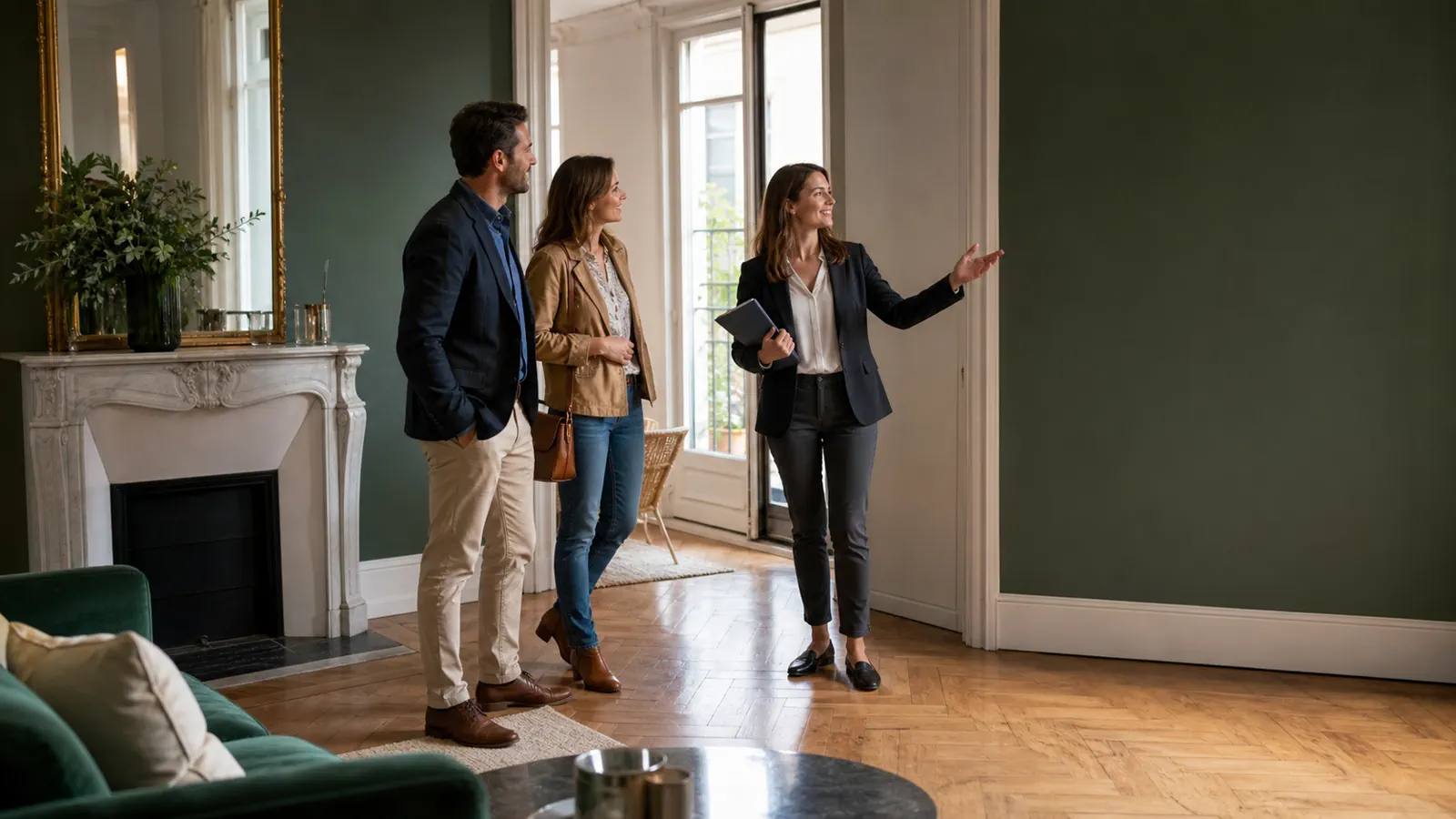 Agente immobilière présentant un bien à un couple