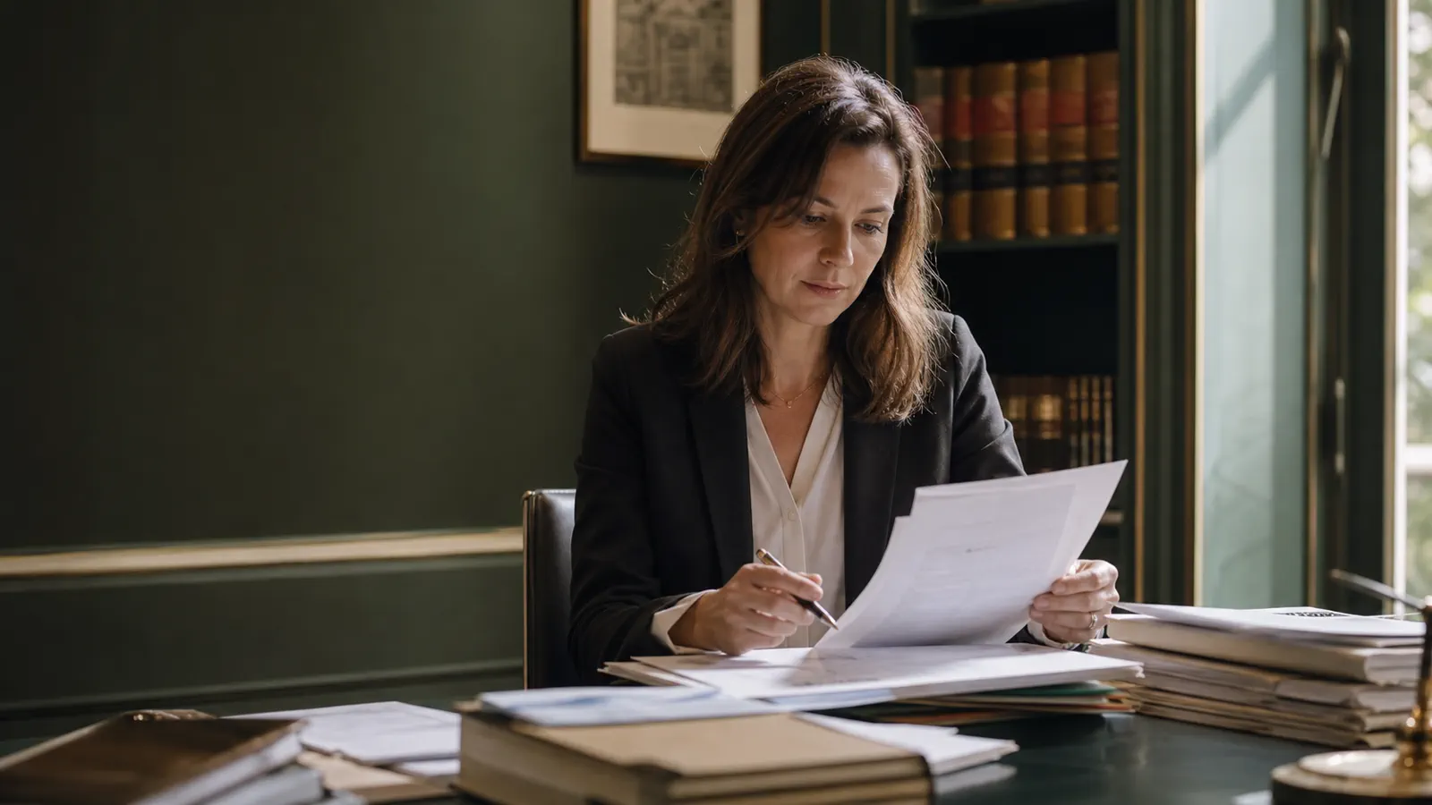 Avocate préparant un dossier dans son cabinet