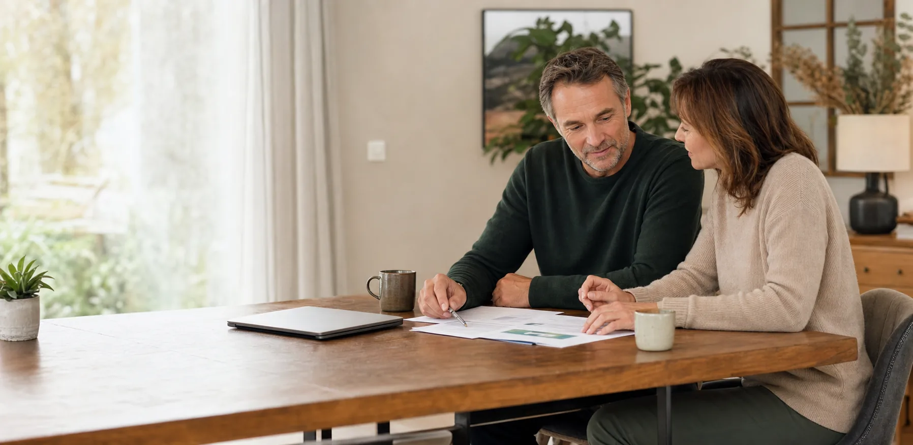 Un couple prépare calmement ses projets d’avenir à la maison