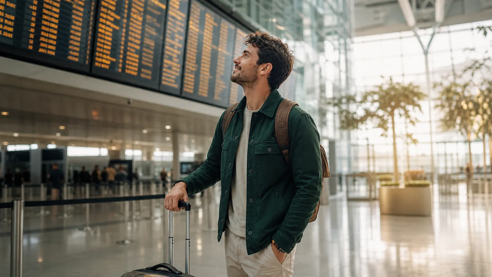 Voyageuse regardant les départs dans un aéroport