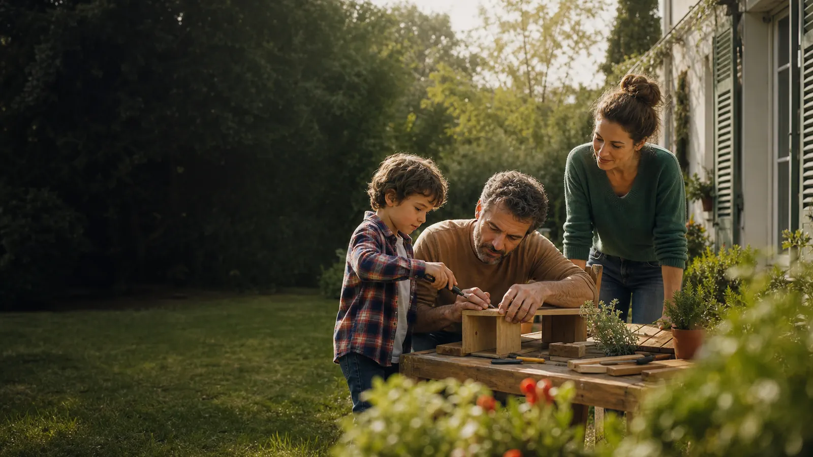 Famille bricolant ensemble dans un jardin