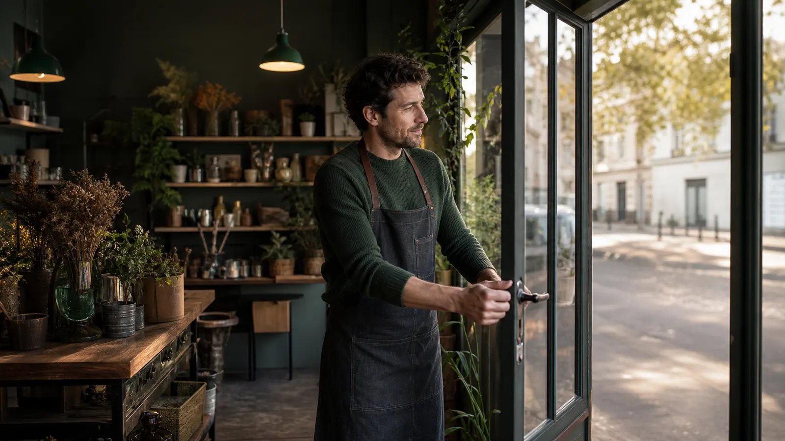 Commerçante ouvrant son atelier-boutique